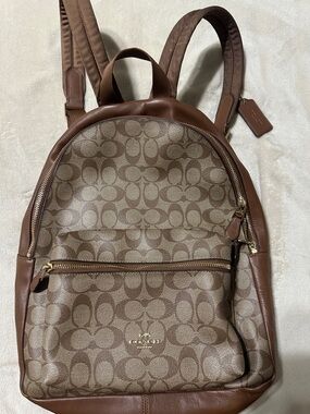 Coach Brown & Tan Signature Canvas Backpack with Leather Trim